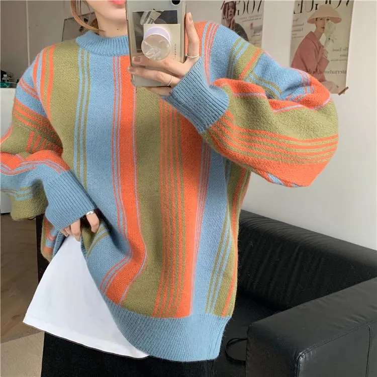 Retro Contrast Striped Knit Loose Pullover Sweater