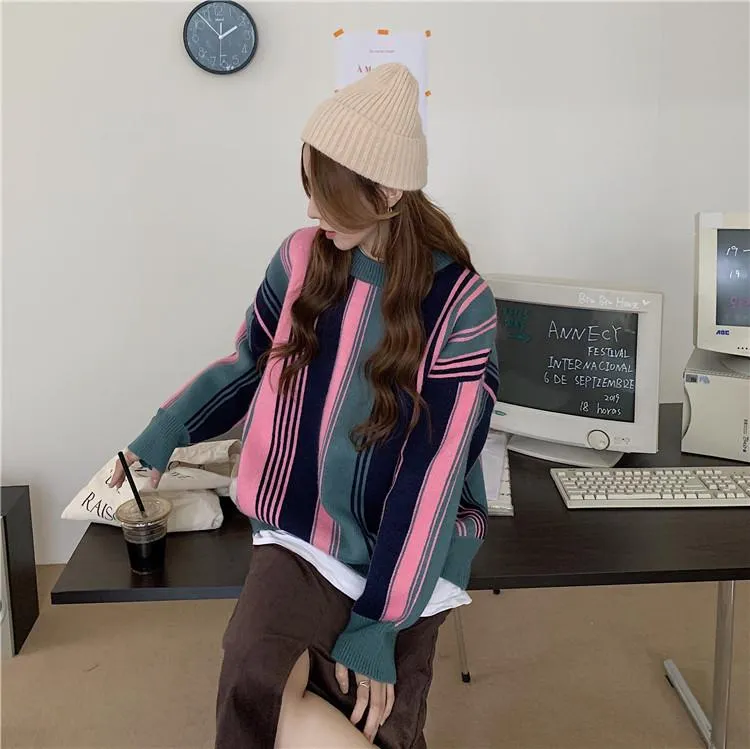 Retro Contrast Striped Knit Loose Pullover Sweater