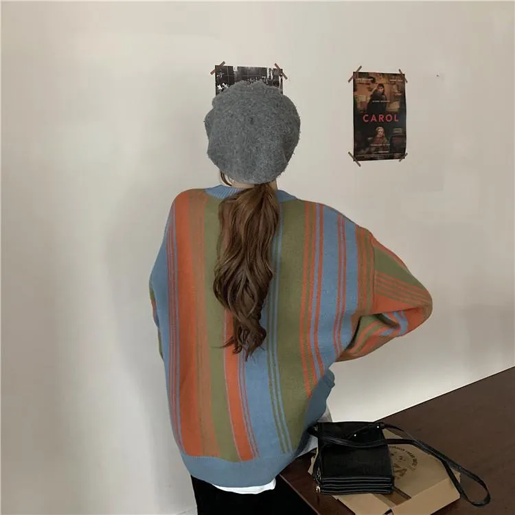 Retro Contrast Striped Knit Loose Pullover Sweater