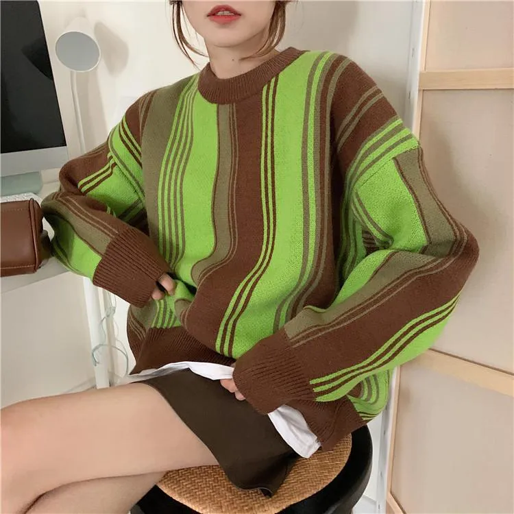 Retro Contrast Striped Knit Loose Pullover Sweater