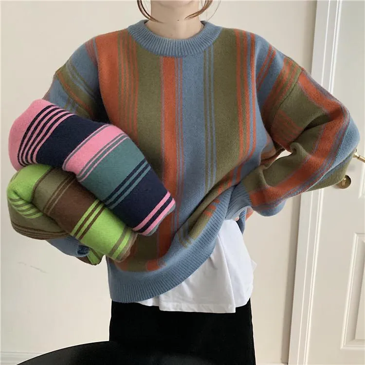 Retro Contrast Striped Knit Loose Pullover Sweater