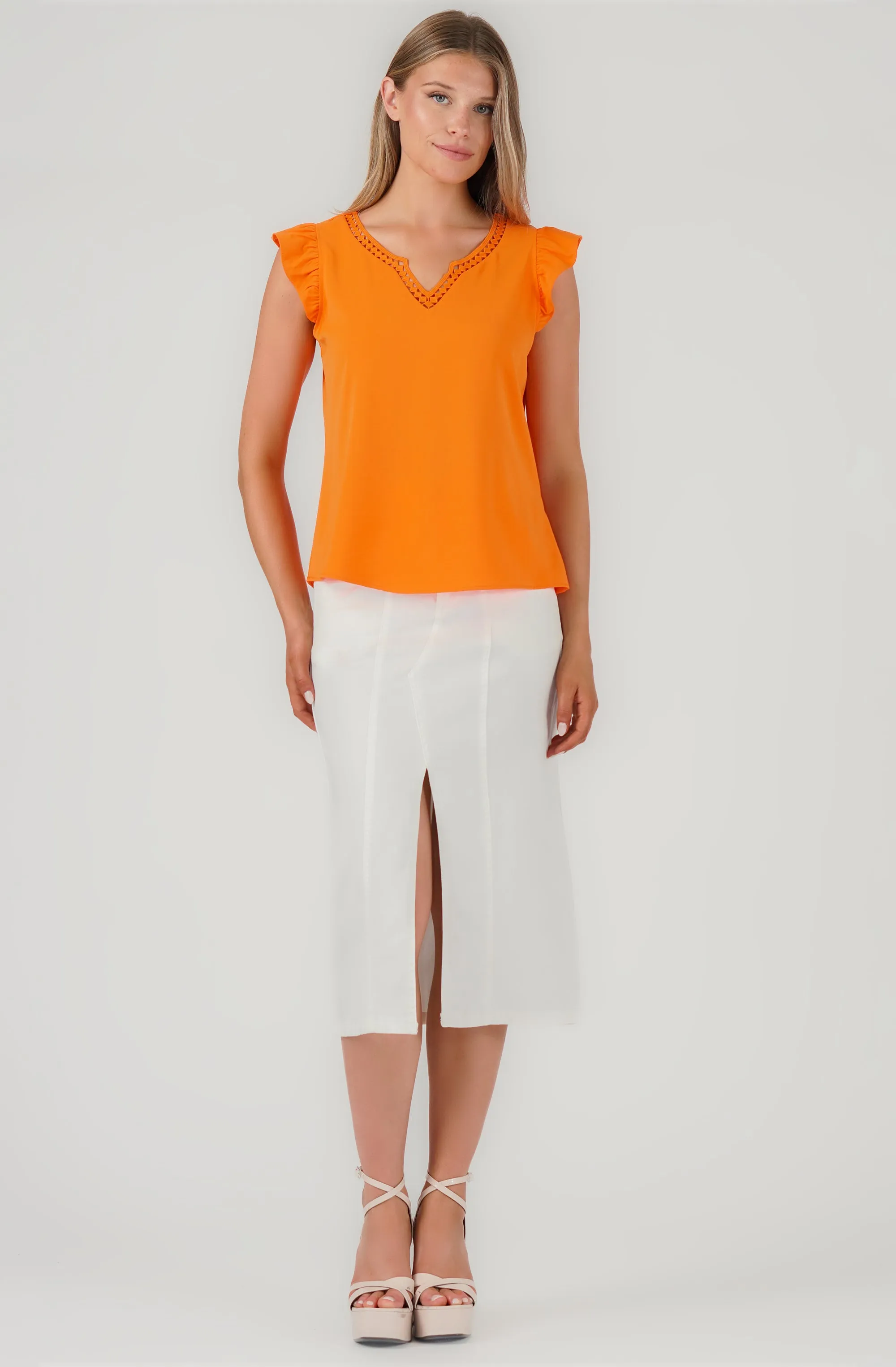 Ruffle Blouse with Crochet Neckline