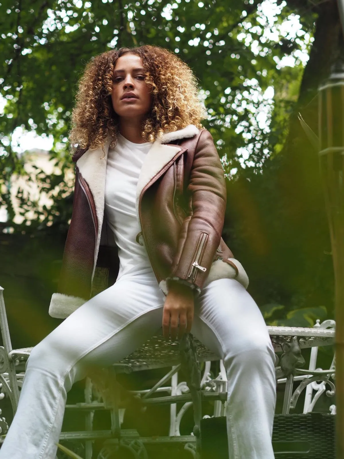 Shearling leather pilot jacket in brown