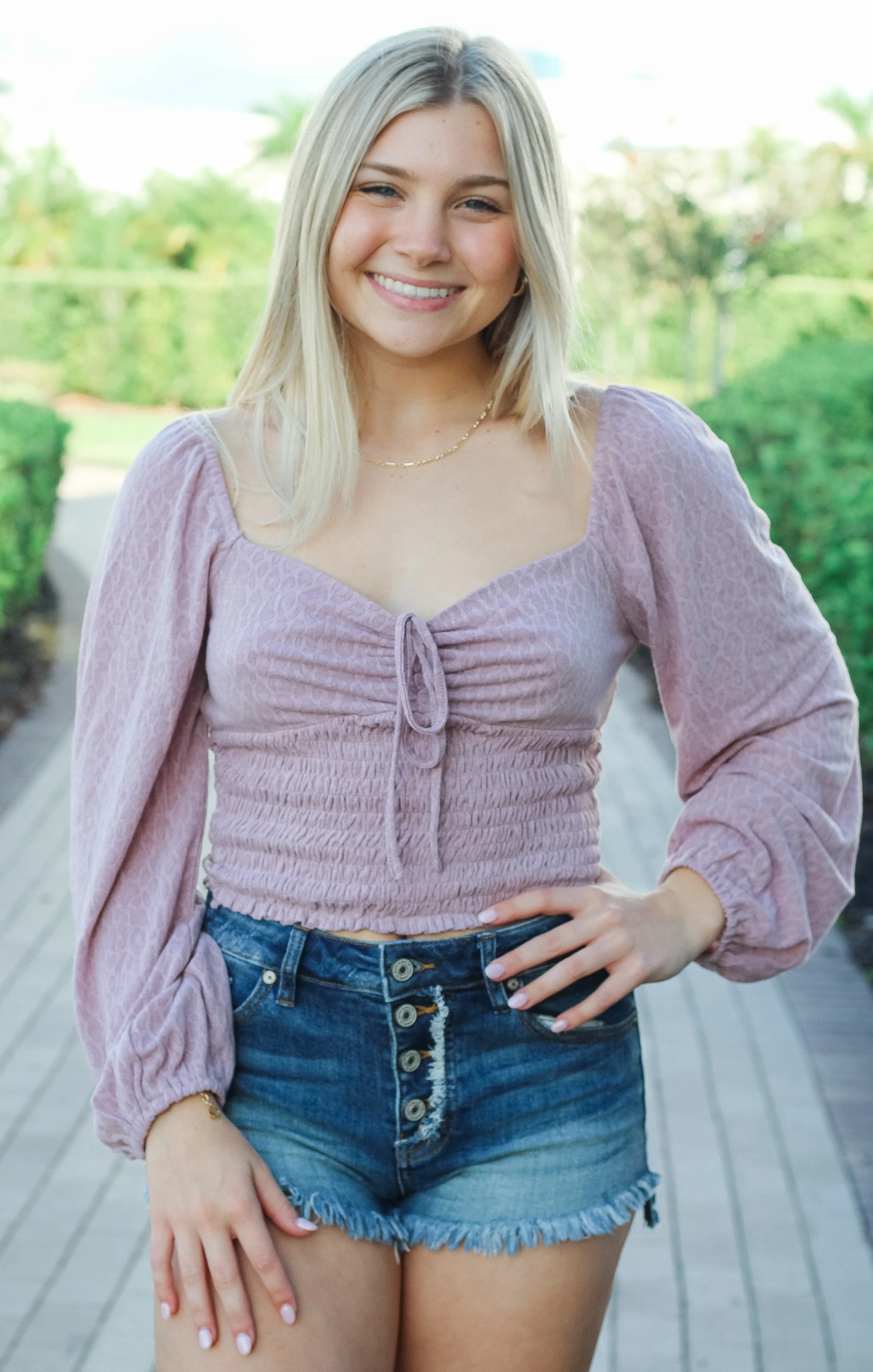The Mauve Animal Print Smocked Top