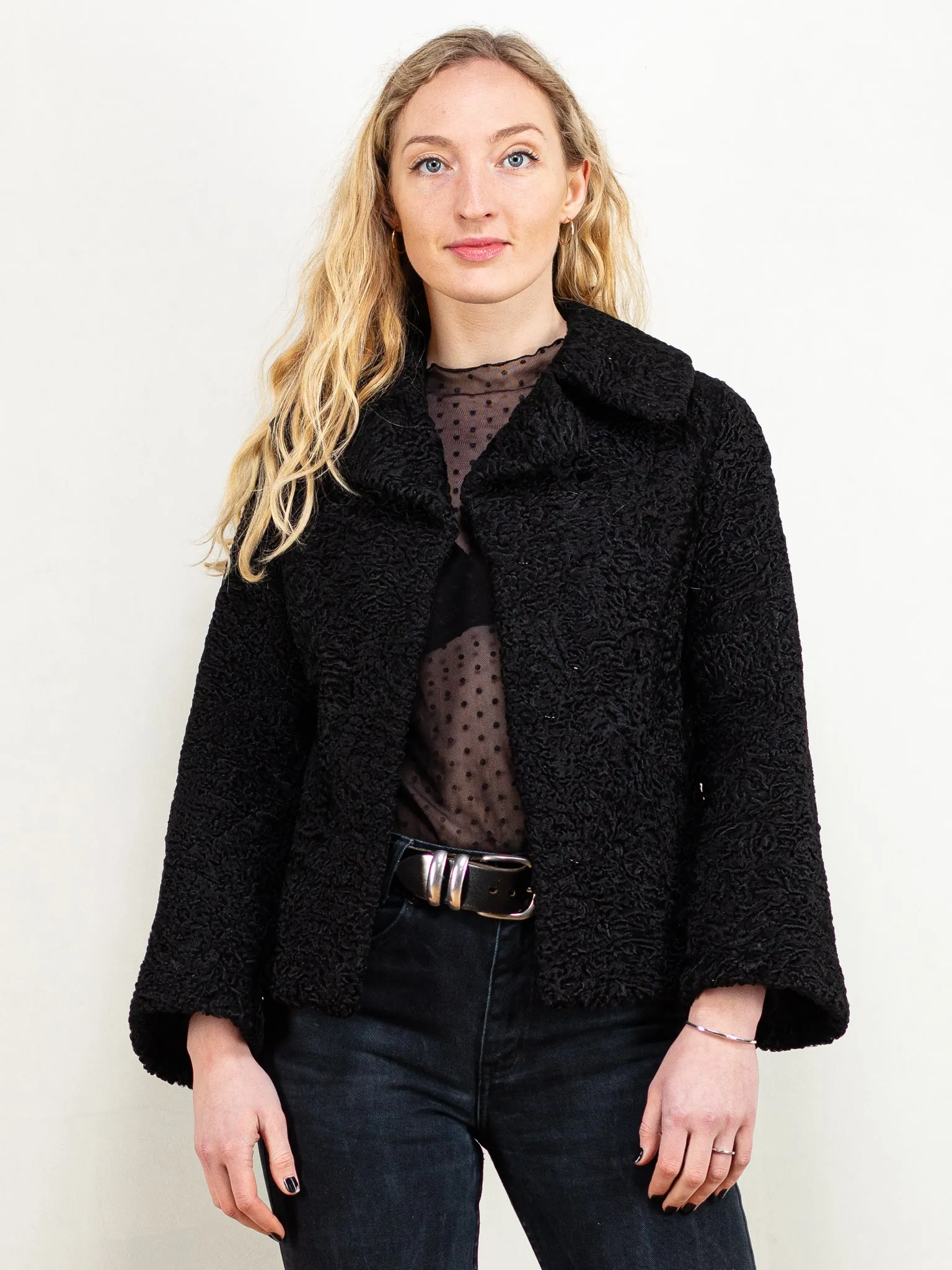 Vintage 70's Women Karakul Fur Jacket in Black