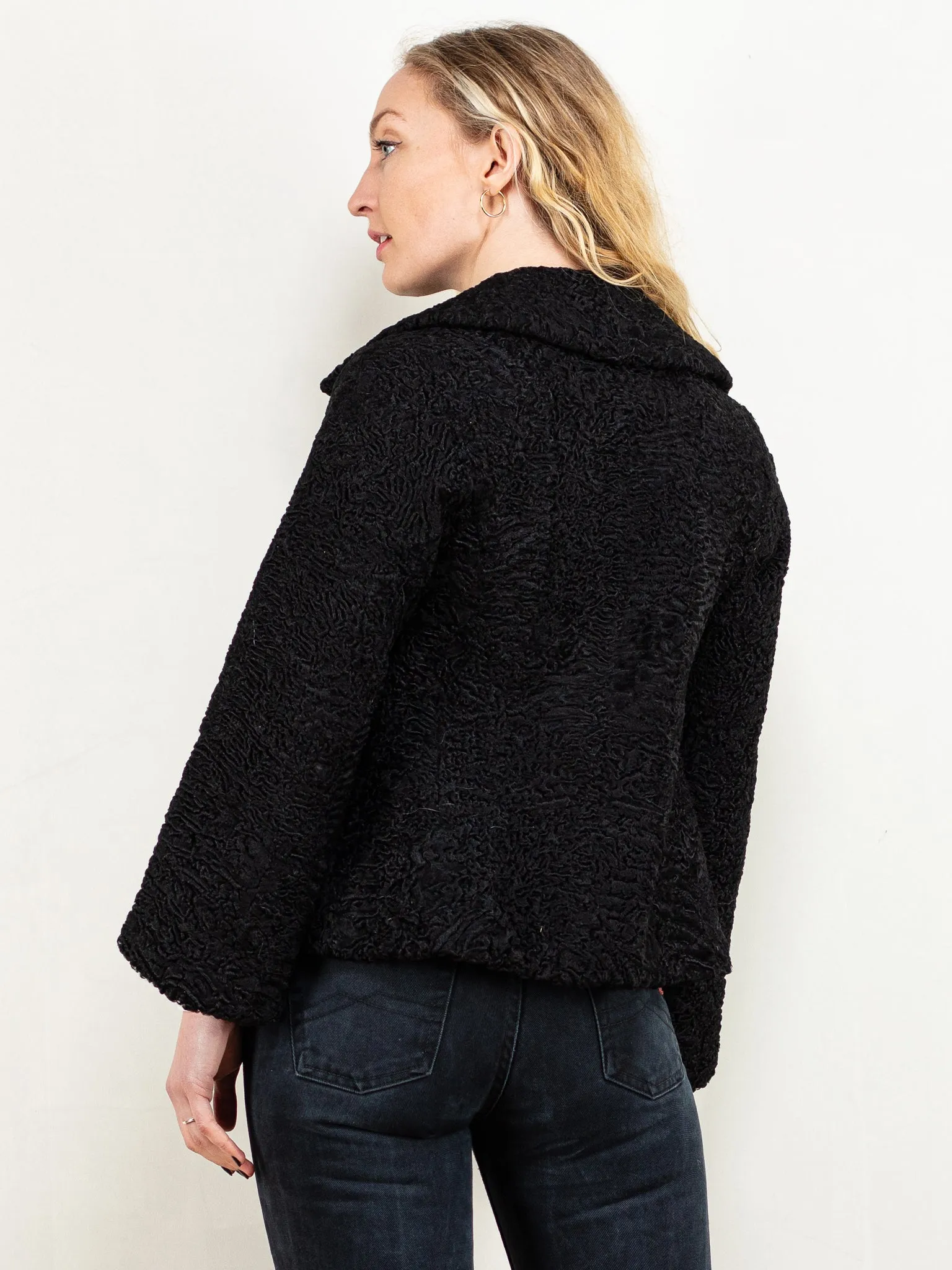 Vintage 70's Women Karakul Fur Jacket in Black