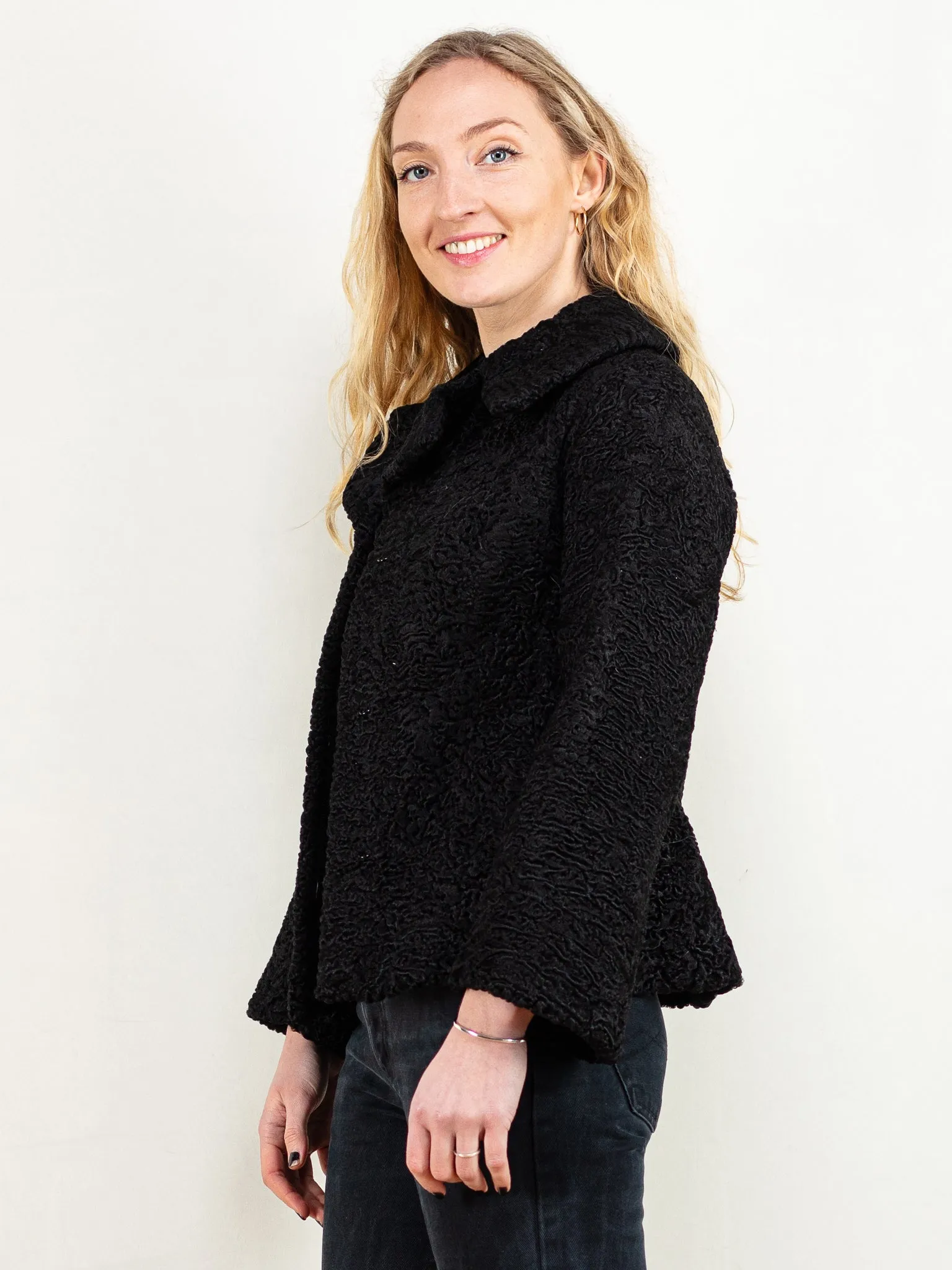 Vintage 70's Women Karakul Fur Jacket in Black