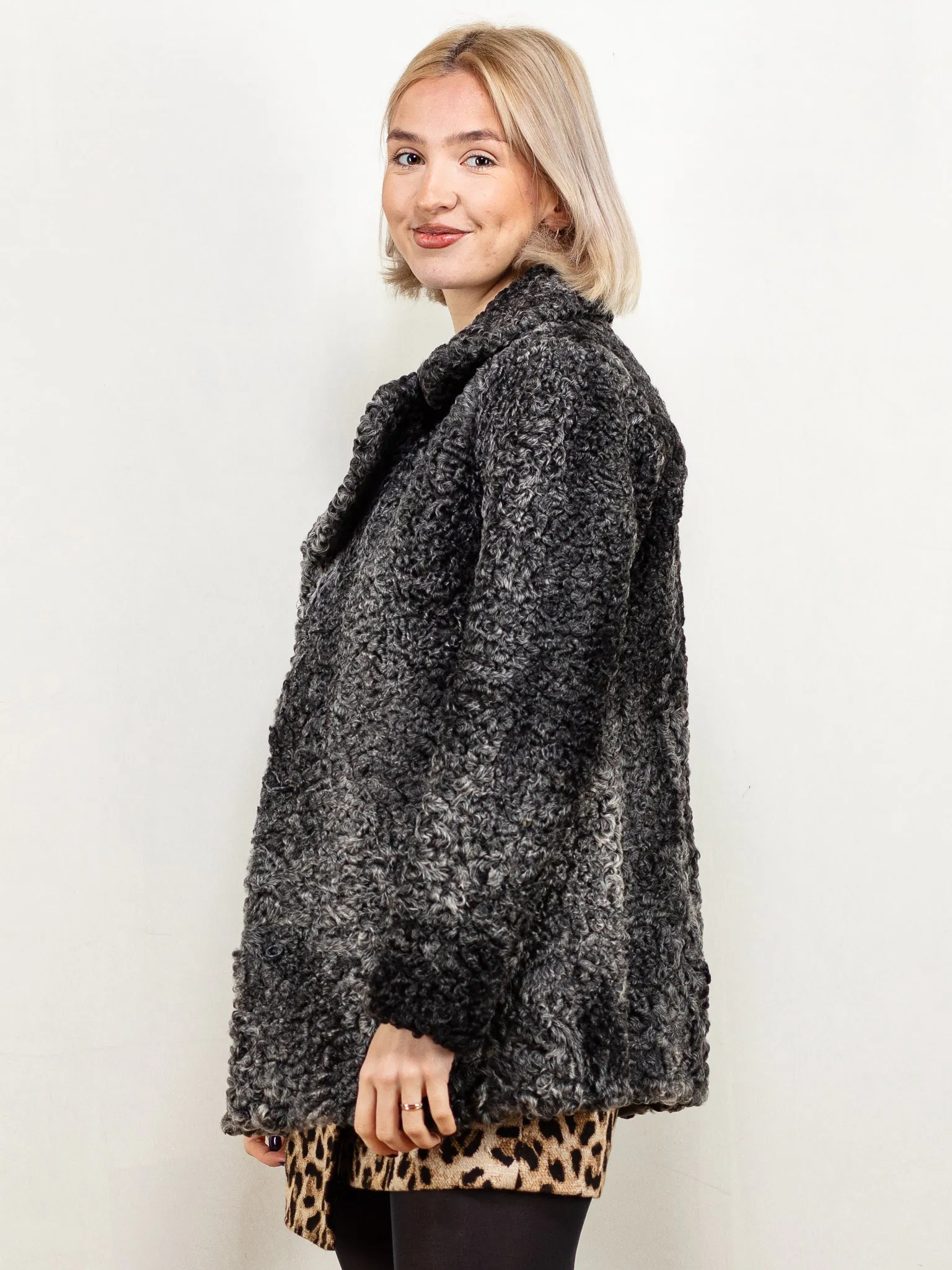 Vintage 70's Women Karakul Fur Jacket in Grey