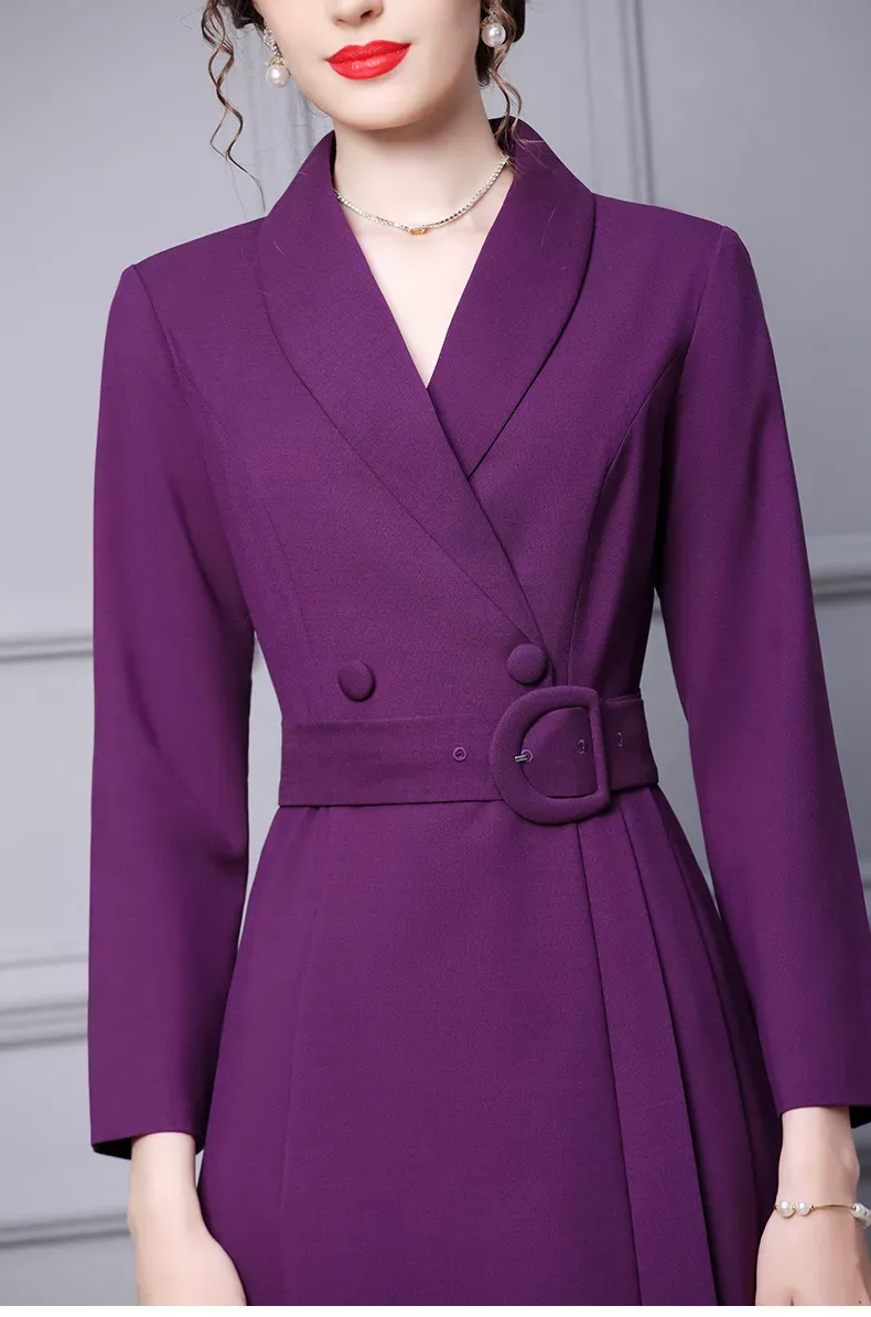 Women Autumn New Design 2022 Elegant Purple Midi Blazer Trench Coat Formal Dress