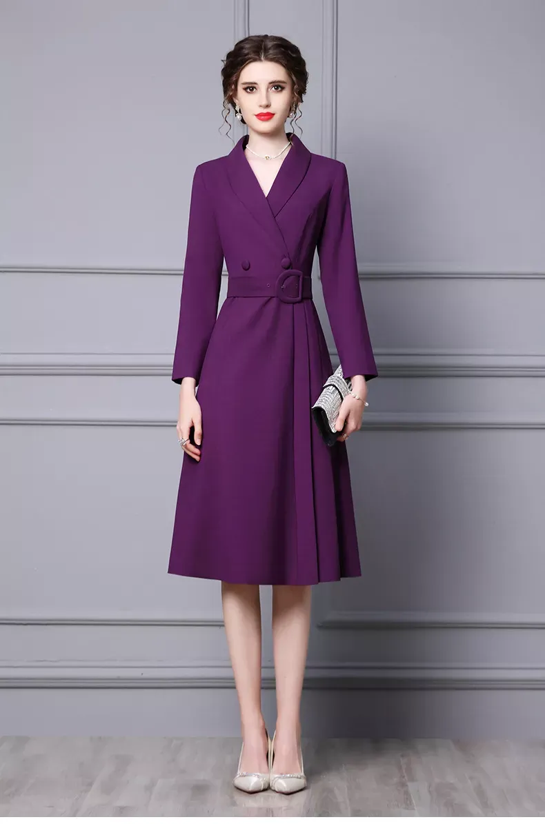 Women Autumn New Design 2022 Elegant Purple Midi Blazer Trench Coat Formal Dress