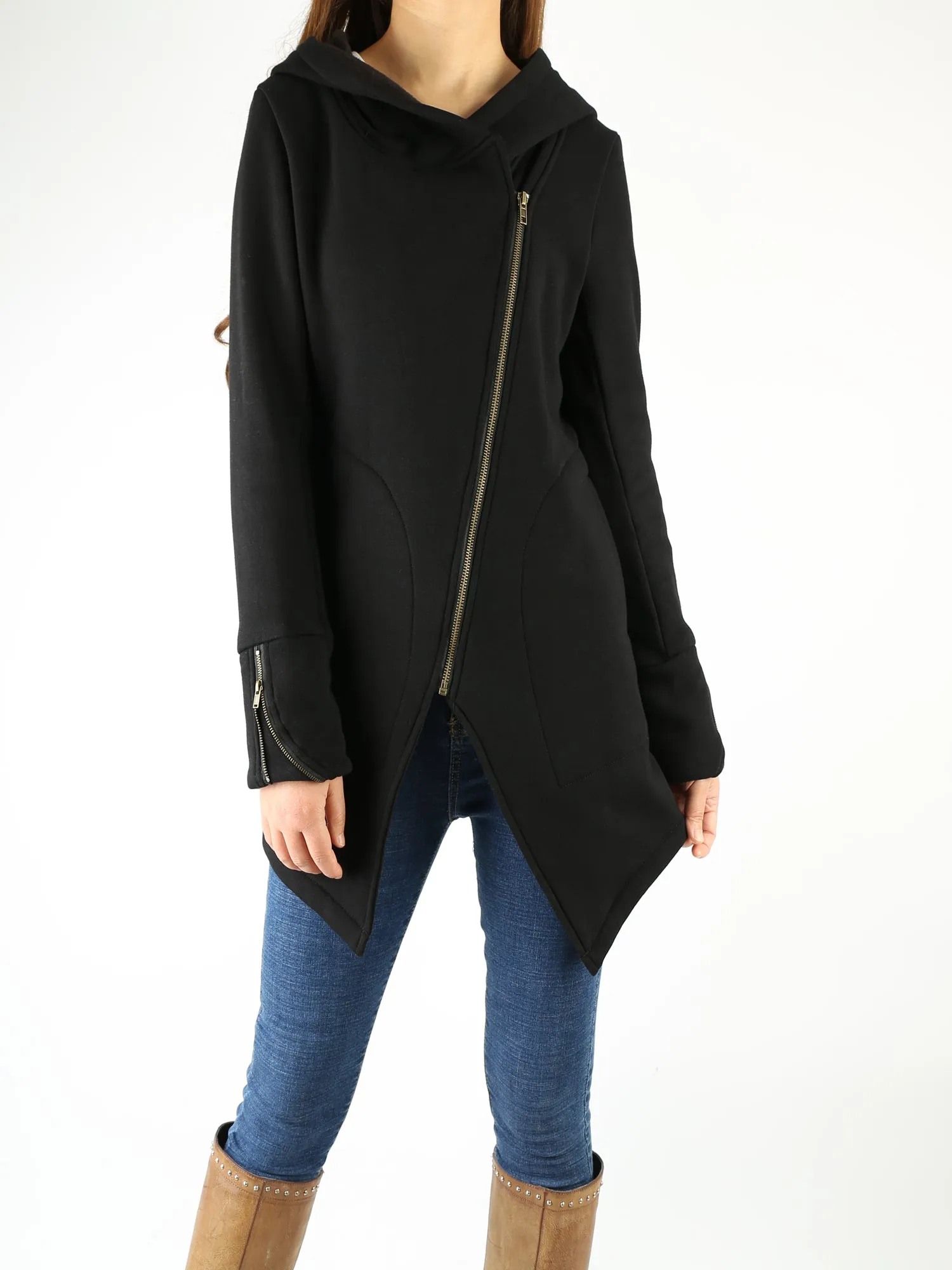 Women Jacket/Black Hooded Jacket with Zipper/Cotton Fleece Cardigan/Hood Fleece Coat(Y3119)