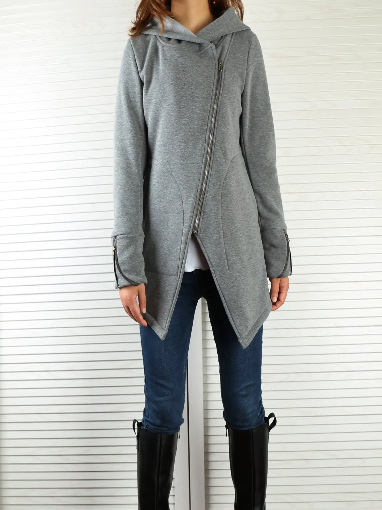 Women Jacket/Black Hooded Jacket with Zipper/Cotton Fleece Cardigan/Hood Fleece Coat(Y3119)