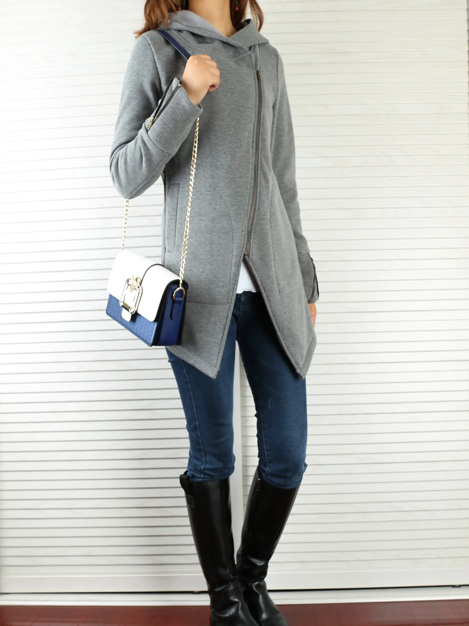Women Jacket/Black Hooded Jacket with Zipper/Cotton Fleece Cardigan/Hood Fleece Coat(Y3119)