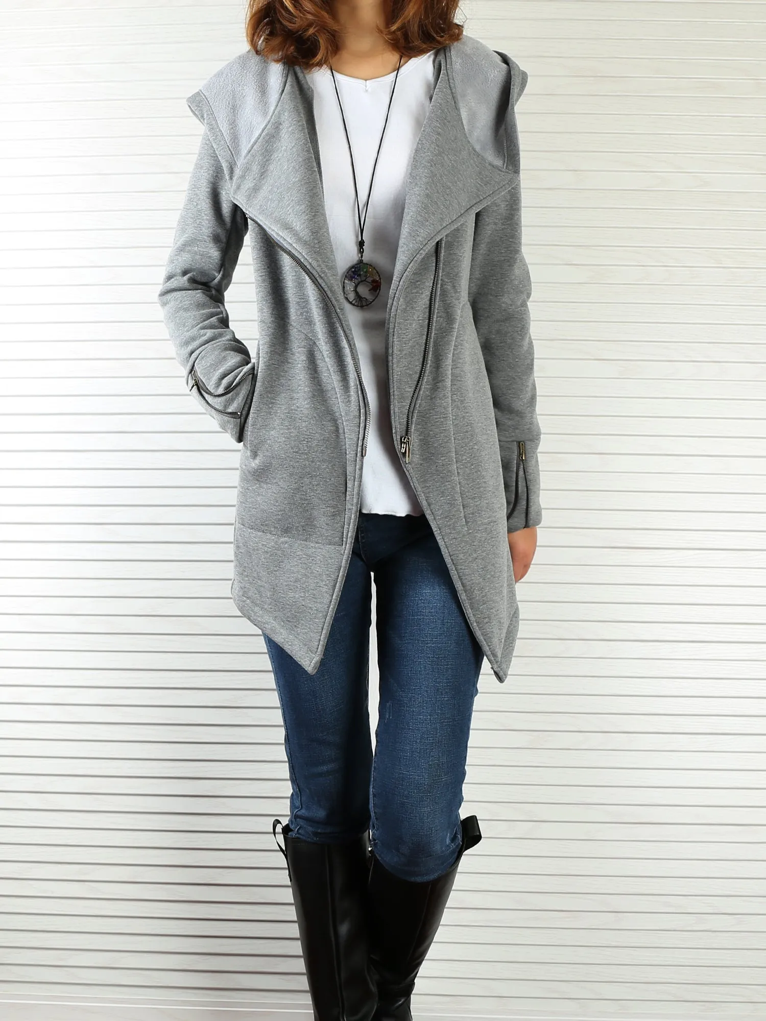 Women Jacket/Black Hooded Jacket with Zipper/Cotton Fleece Cardigan/Hood Fleece Coat(Y3119)