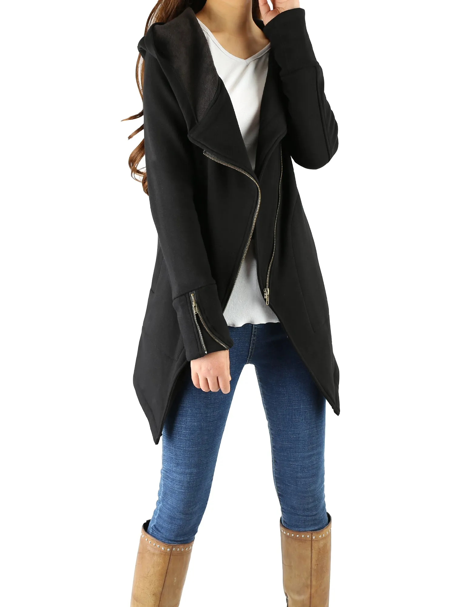 Women Jacket/Black Hooded Jacket with Zipper/Cotton Fleece Cardigan/Hood Fleece Coat(Y3119)