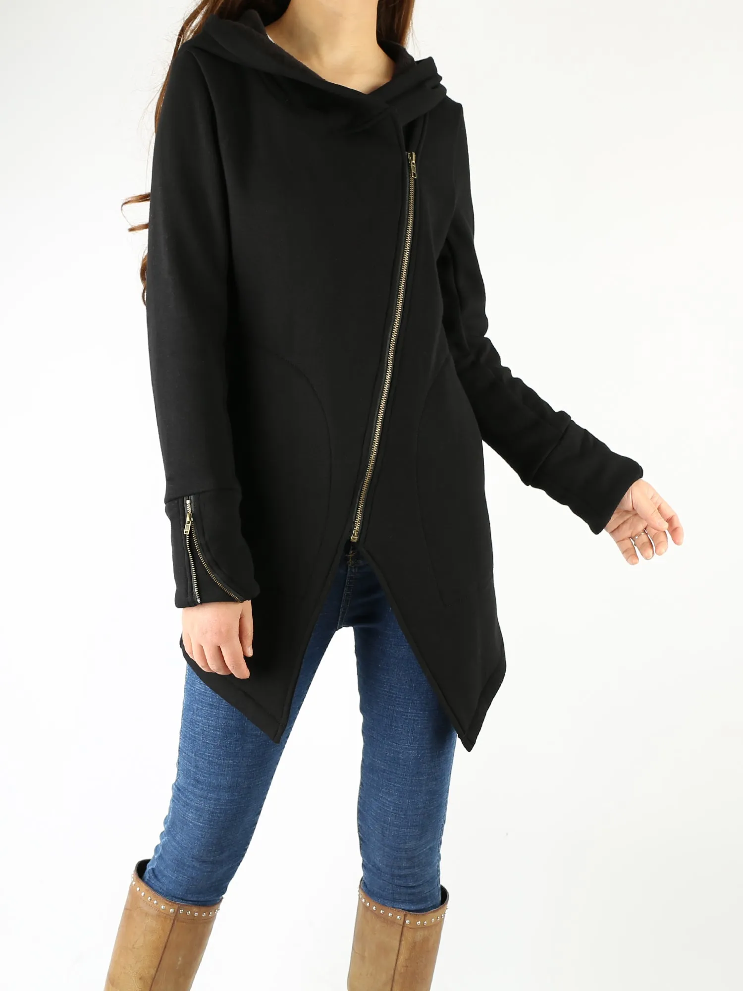 Women Jacket/Black Hooded Jacket with Zipper/Cotton Fleece Cardigan/Hood Fleece Coat(Y3119)