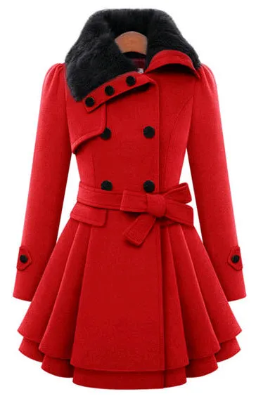 Women Thicken Faux Fur Collared Winter Long Peacoat Coat Trench Outerwear Jacket