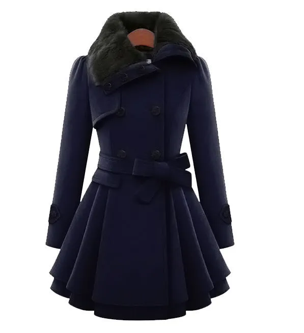 Women Thicken Faux Fur Collared Winter Long Peacoat Coat Trench Outerwear Jacket