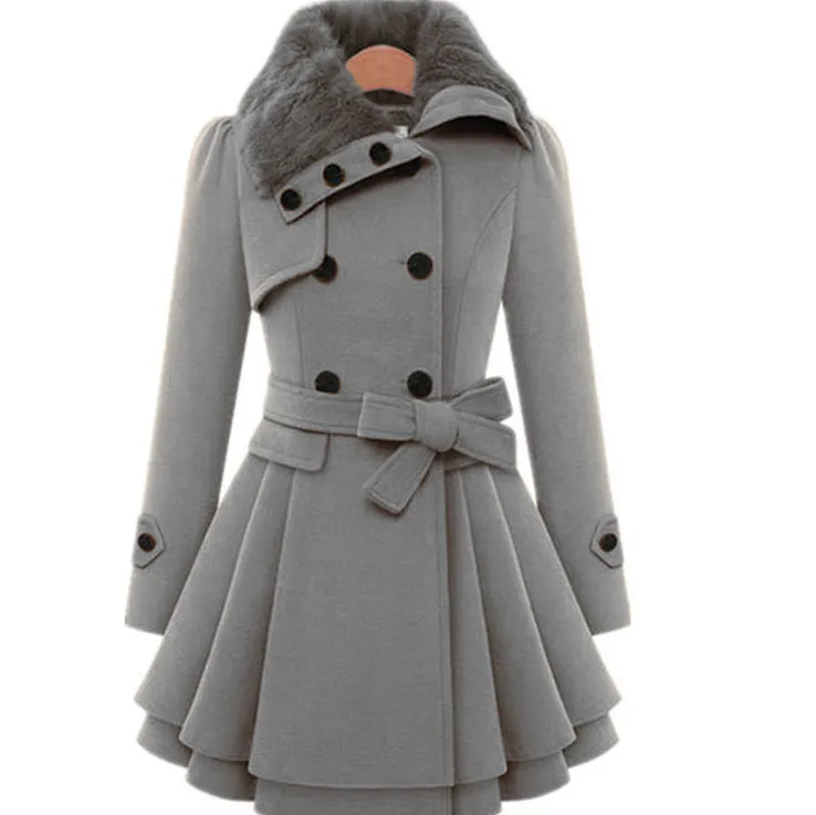 Women Thicken Faux Fur Collared Winter Long Peacoat Coat Trench Outerwear Jacket