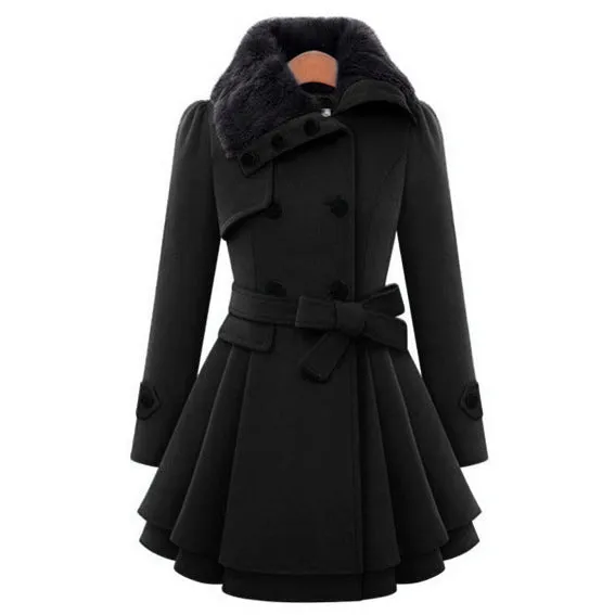 Women Thicken Faux Fur Collared Winter Long Peacoat Coat Trench Outerwear Jacket