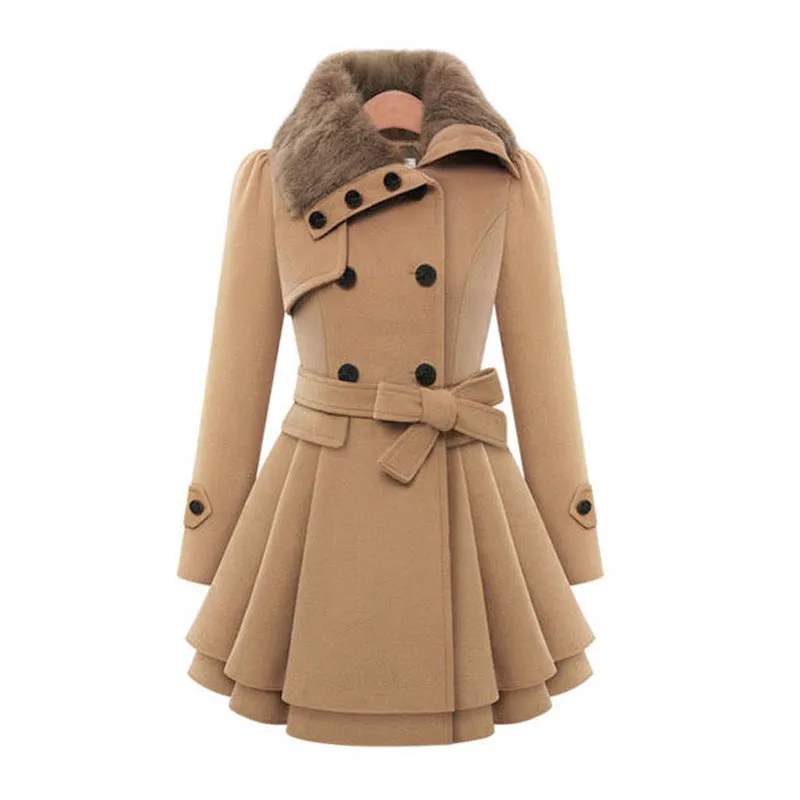 Women Thicken Faux Fur Collared Winter Long Peacoat Coat Trench Outerwear Jacket