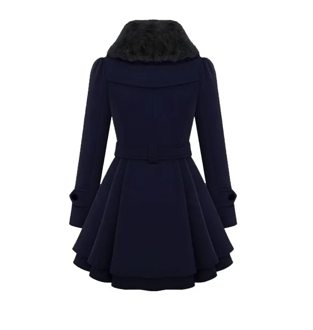 Women Thicken Faux Fur Collared Winter Long Peacoat Coat Trench Outerwear Jacket