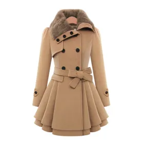Women Thicken Faux Fur Collared Winter Long Peacoat Coat Trench Outerwear Jacket